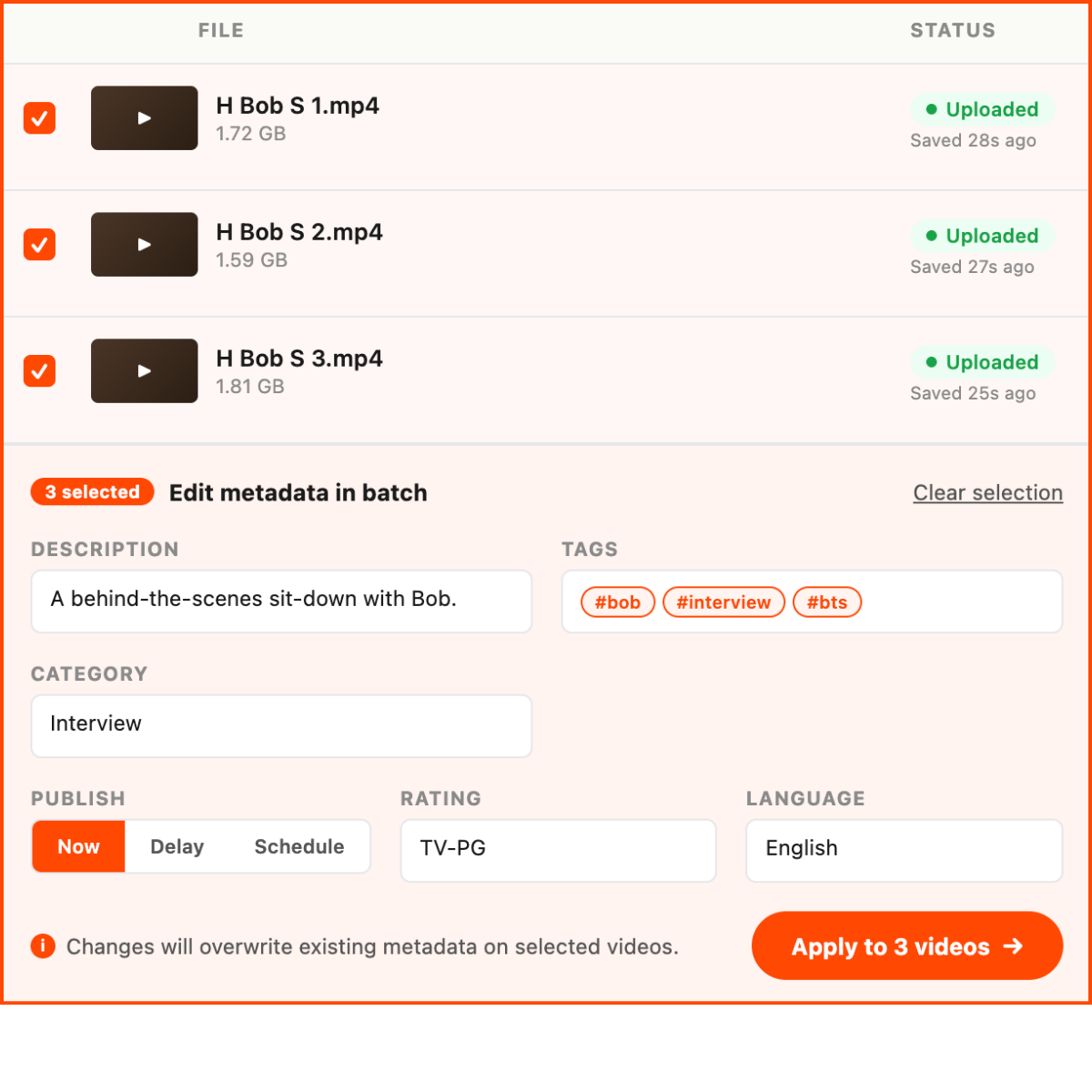 VideoNest batch upload screen showing three uploaded videos with batch metadata editing panel open
