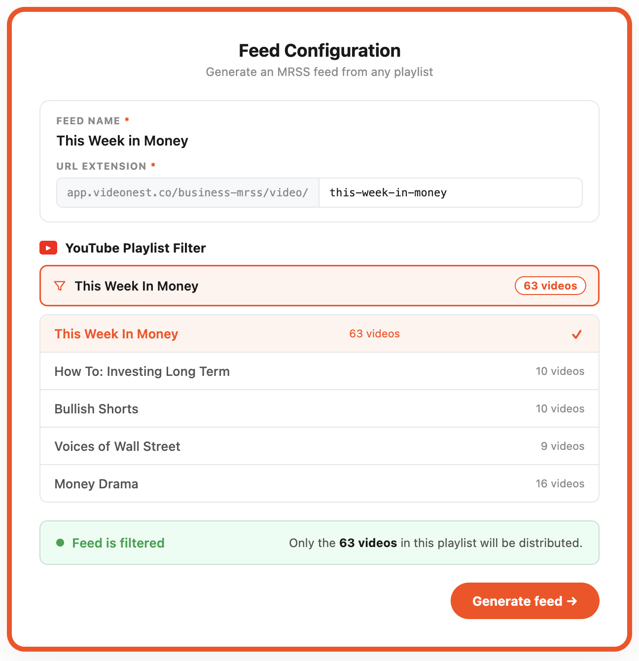 VideoNest Feed Configuration screen showing a YouTube playlist filter with 63 videos selected for distribution